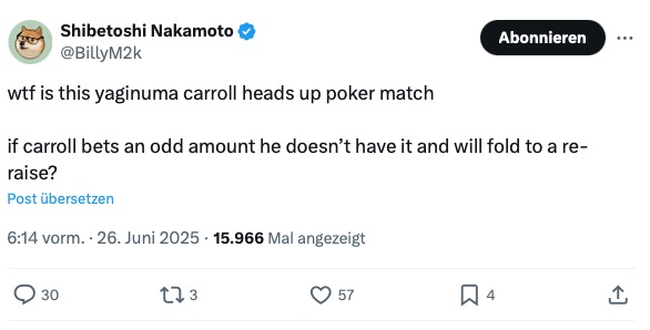 Billy "Shibetosho Nakamoto" Markus Tweet zum Millionaire Maker Heads-Up