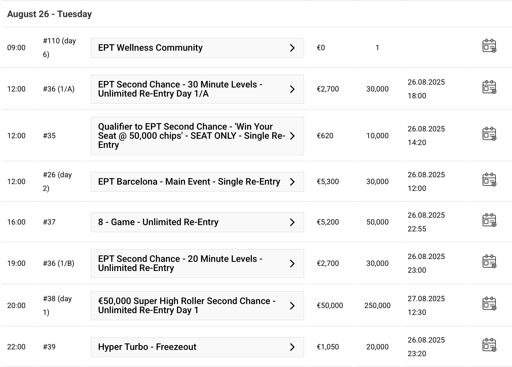 EPT Barcelona Schedule