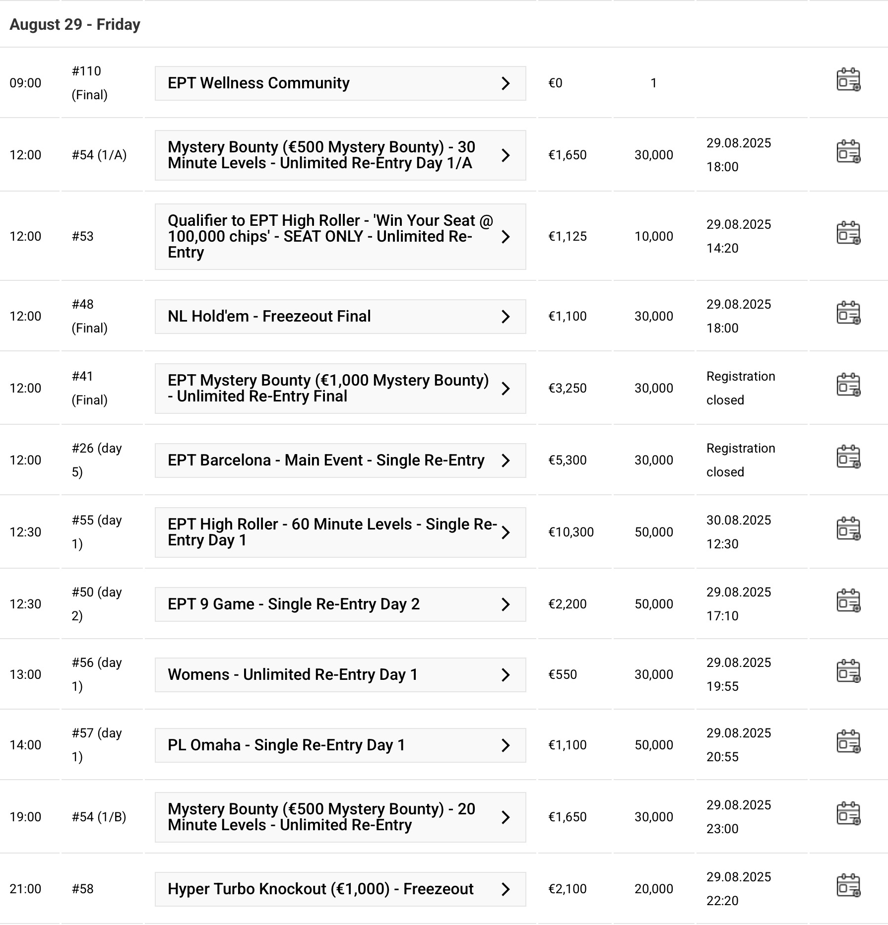 EPT Barcelona Schedule