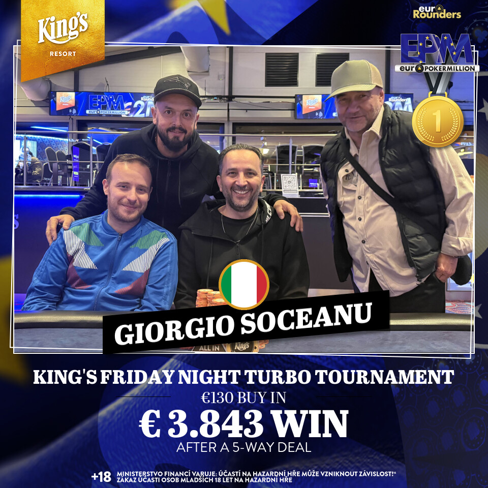 4 der 5 Dealmaker im Friday Night Turbo Tournament: Giorgio Soceanu (ROU), Liad Greenberg (ISR), Andrea Celestino (ITA), Mihail Popa (ROU), "lox123" (GER)