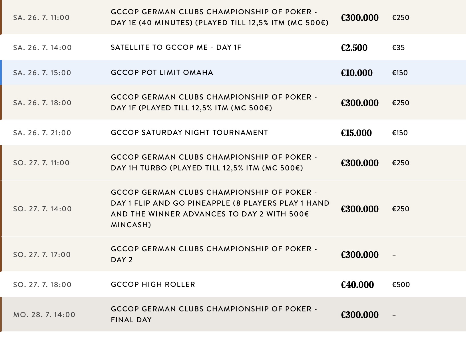GCCOP German Clubs Championship of Poker - Schedule