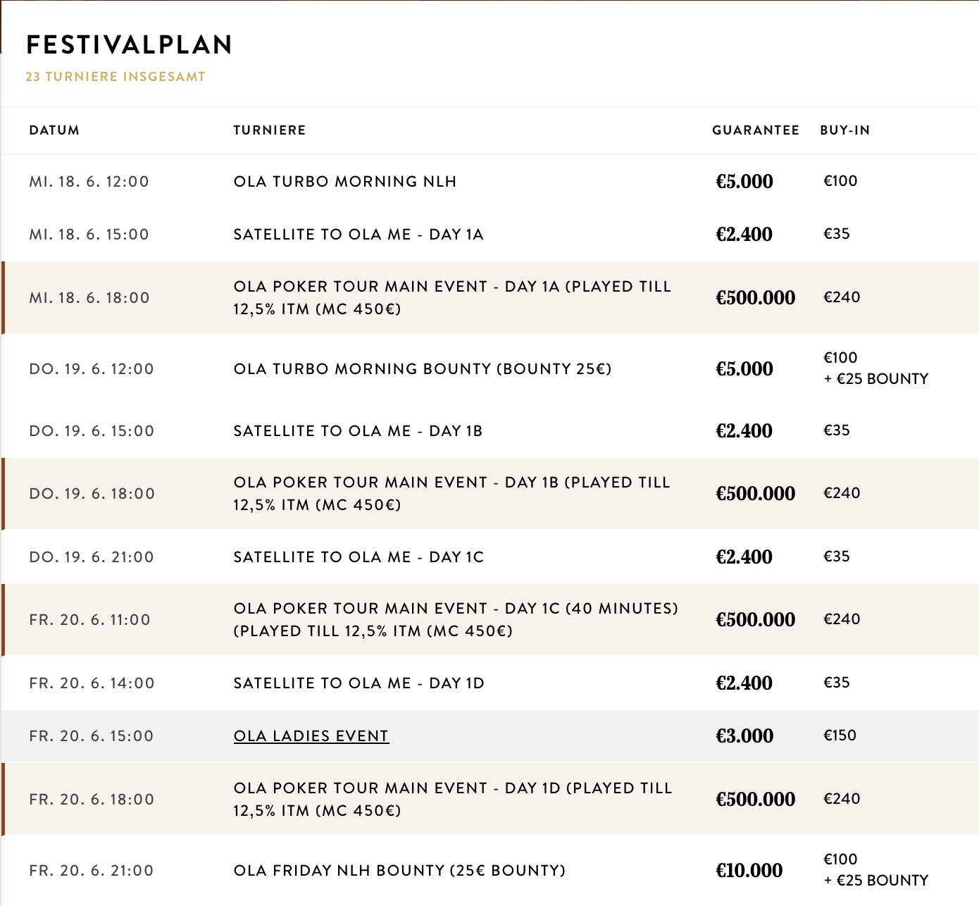 OLA Poker Tour Schedule