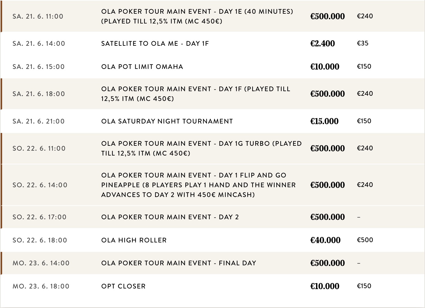 OLA Poker Tour Schedule