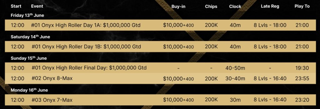 Onyx Club High Roller WEEKEND SCHEDULE TURNIERPLAN