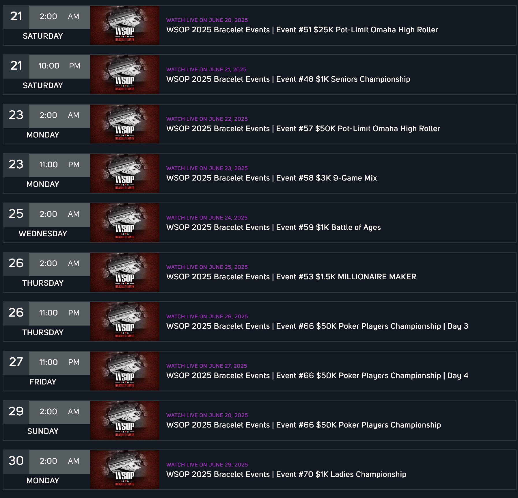 PokerGO WSOP Livestream Schedule Streamplan