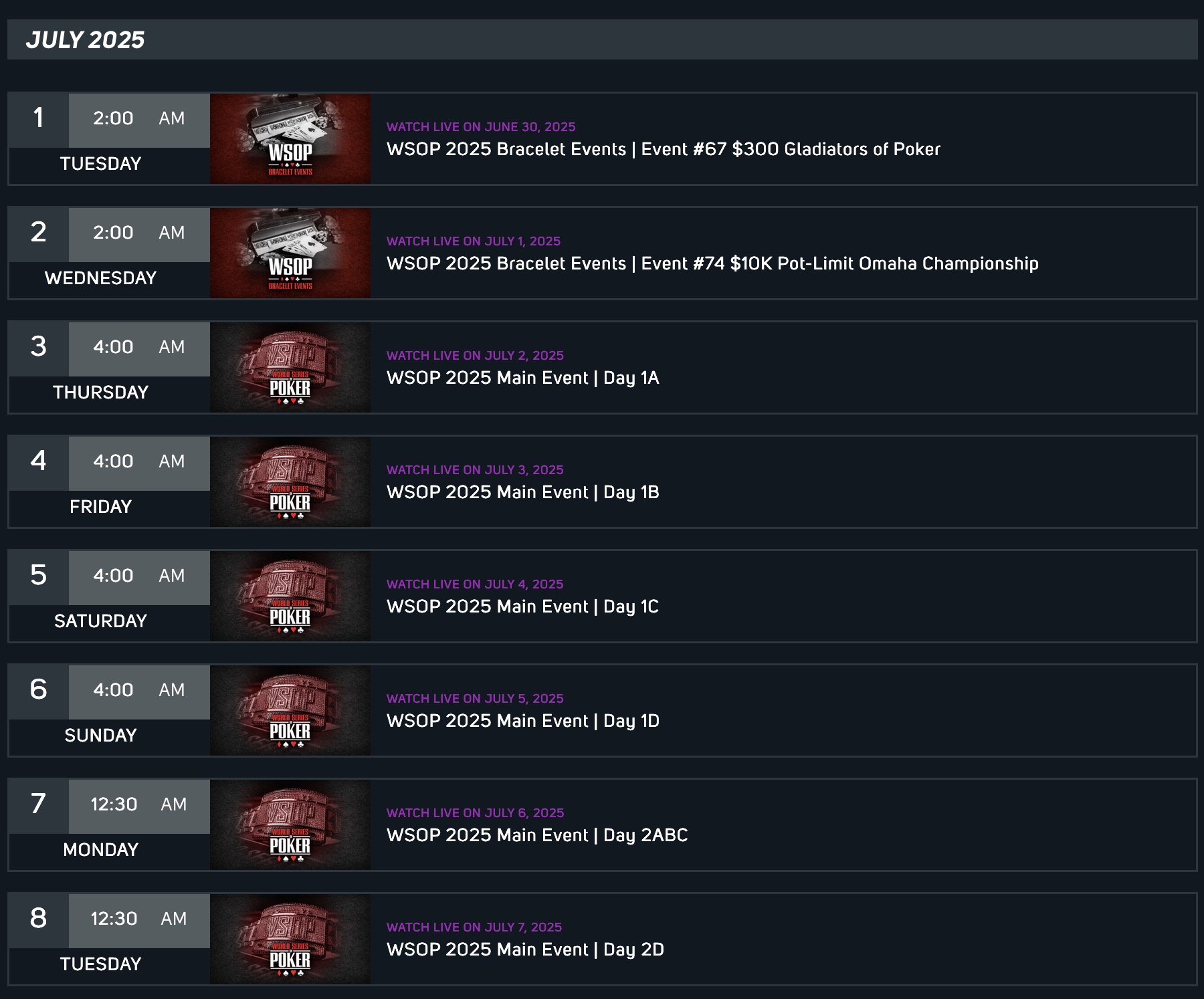 PokerGO WSOP Livestream Schedule Streamplan