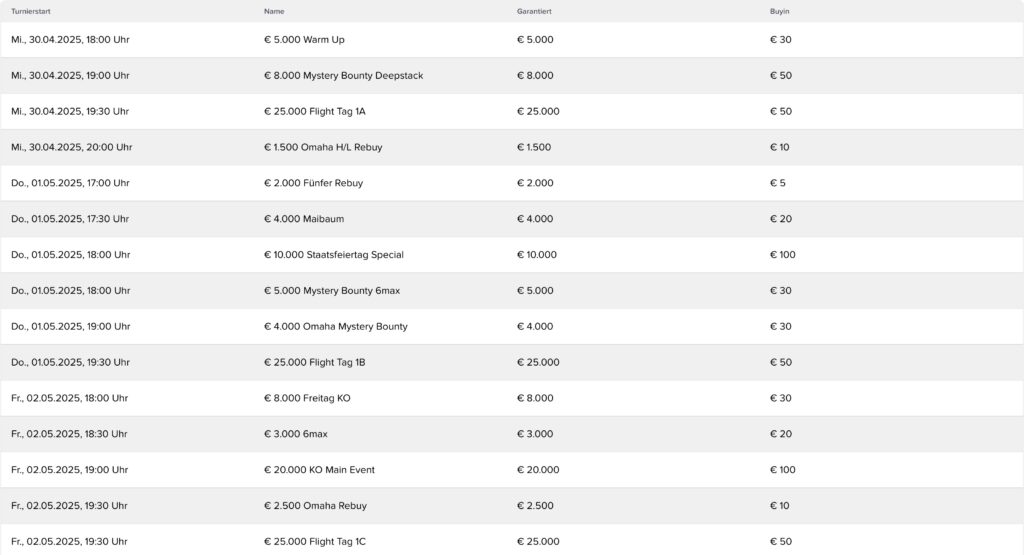 Spring Poker Series Turnierplan Schedule