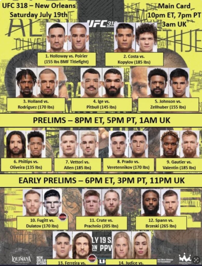 UFC 318 Line Up - Main Card, Prelims, Early Prelims